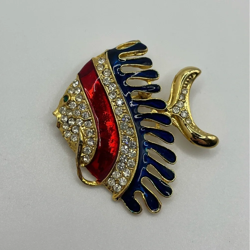 VTG GIOVANNI Red & Blue Enamelled Gold and Rhinestone Angel Fish Brooch